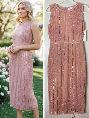 NWT MAC DUGGAL DRESS PINK WEDDING GUEST SEQUIN BEADED COQUETTE COCKTAIL PARTY